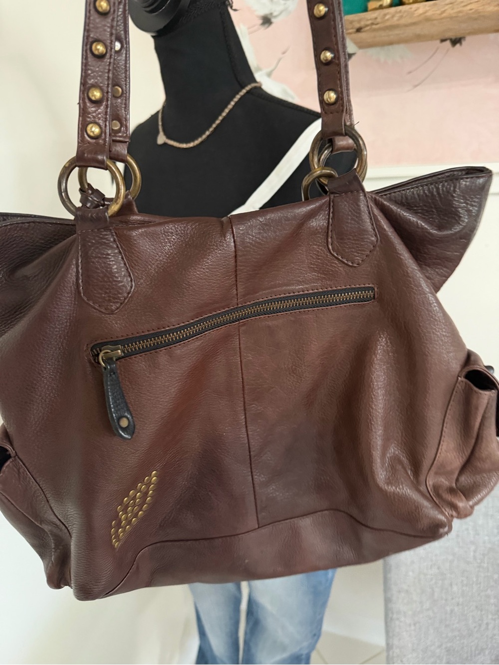 Betsey Johnson Brown Leather Heart Bowler Hobo Bag Large Studded - Picture 5 of 16
